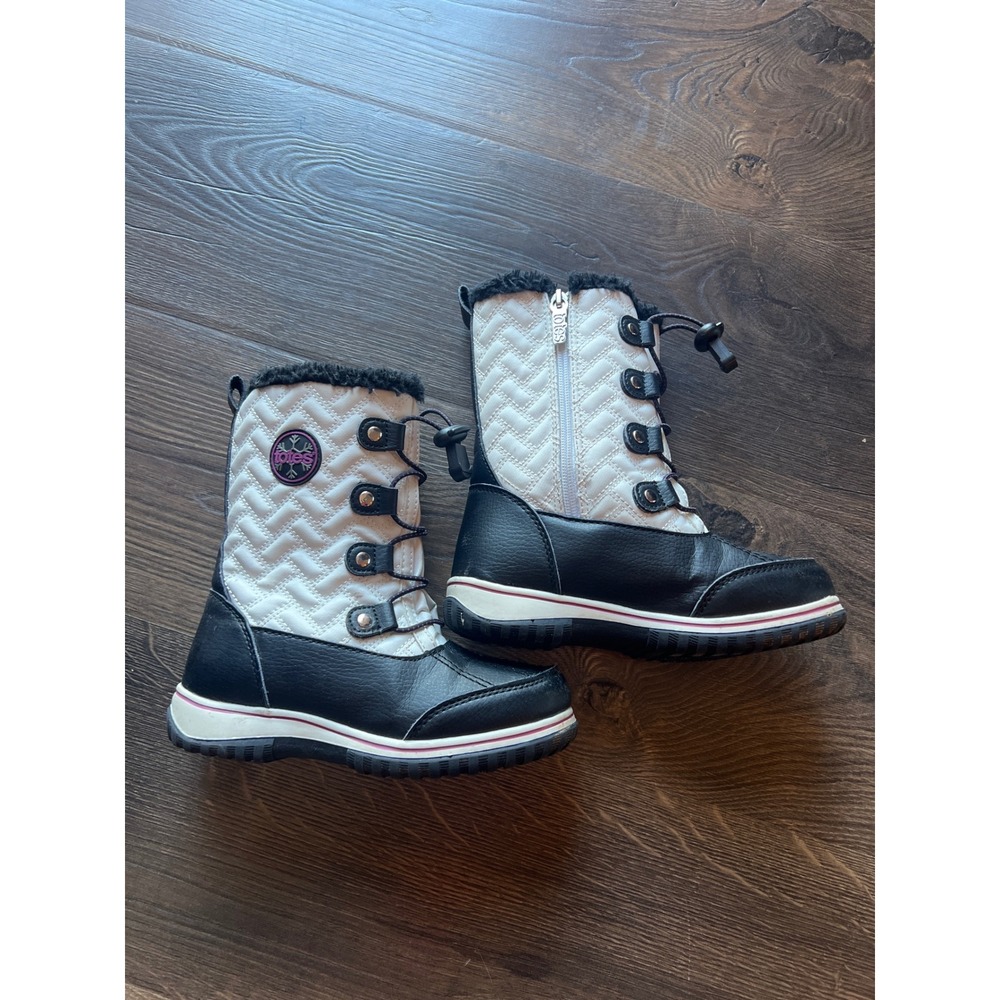 Totes Makenzie Girls Winter Boots White Black Quilted‎ Faux Fur Size 1 Med